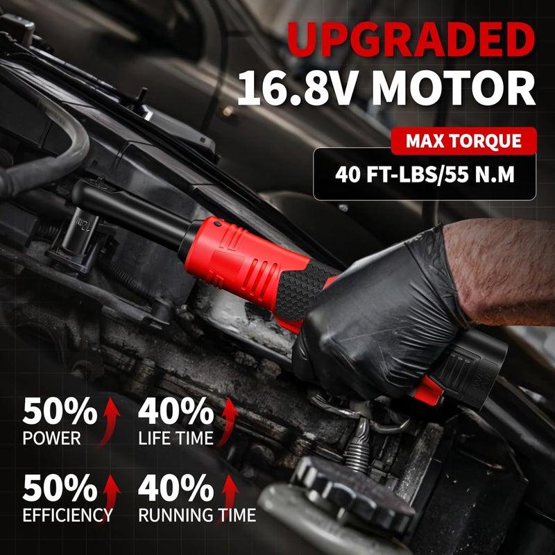 FULLYEA Electric Ratchet Wrench Set,40 Ft-lbs, 550 RPM, 16.8V Cordless Ratchet Wrench 3/8", Variable Speed Power Ratchet Tool Kit with 1/4" Adapter, LED Light, 2 * 2.0Ah Batteries and Fast Charger - Image 3
